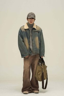Y2K Grunge Faux Fur-Lined Faded Denim Jacket - Retro 90s Fashion, Summer & Party Outfits