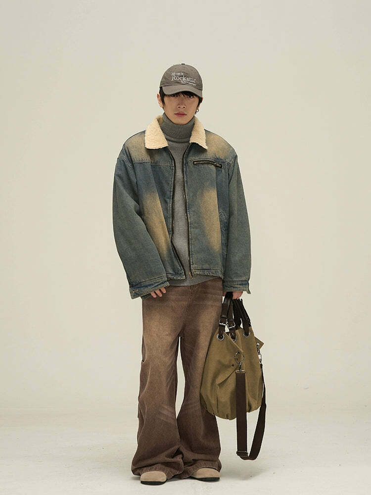 Y2K Grunge Faux Fur-Lined Faded Denim Jacket - Retro 90s Fashion, Summer & Party Outfits