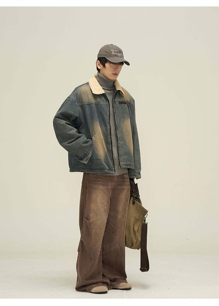 Y2K Grunge Faux Fur-Lined Faded Denim Jacket - Retro 90s Fashion, Summer & Party Outfits