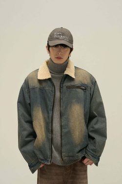 Y2K Grunge Faux Fur-Lined Faded Denim Jacket - Retro 90s Fashion, Summer & Party Outfits