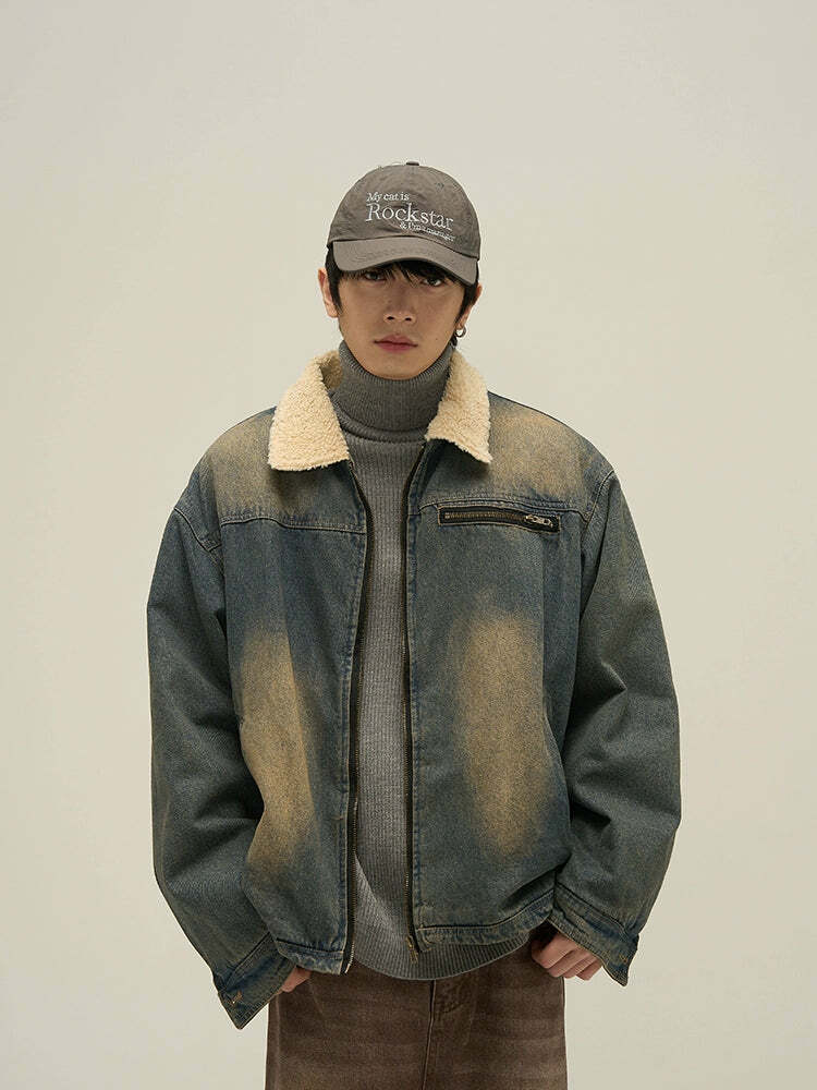 Y2K Grunge Faux Fur-Lined Faded Denim Jacket - Retro 90s Fashion, Summer & Party Outfits