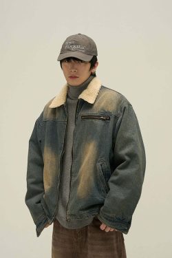 Y2K Grunge Faux Fur-Lined Faded Denim Jacket - Retro 90s Fashion, Summer & Party Outfits