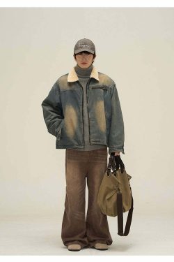 Y2K Grunge Faux Fur-Lined Faded Denim Jacket - Retro 90s Fashion, Summer & Party Outfits