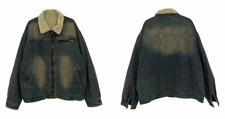 Y2K Grunge Faux Fur-Lined Faded Denim Jacket - Retro 90s Fashion, Summer & Party Outfits