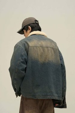 Y2K Grunge Faux Fur-Lined Faded Denim Jacket - Retro 90s Fashion, Summer & Party Outfits