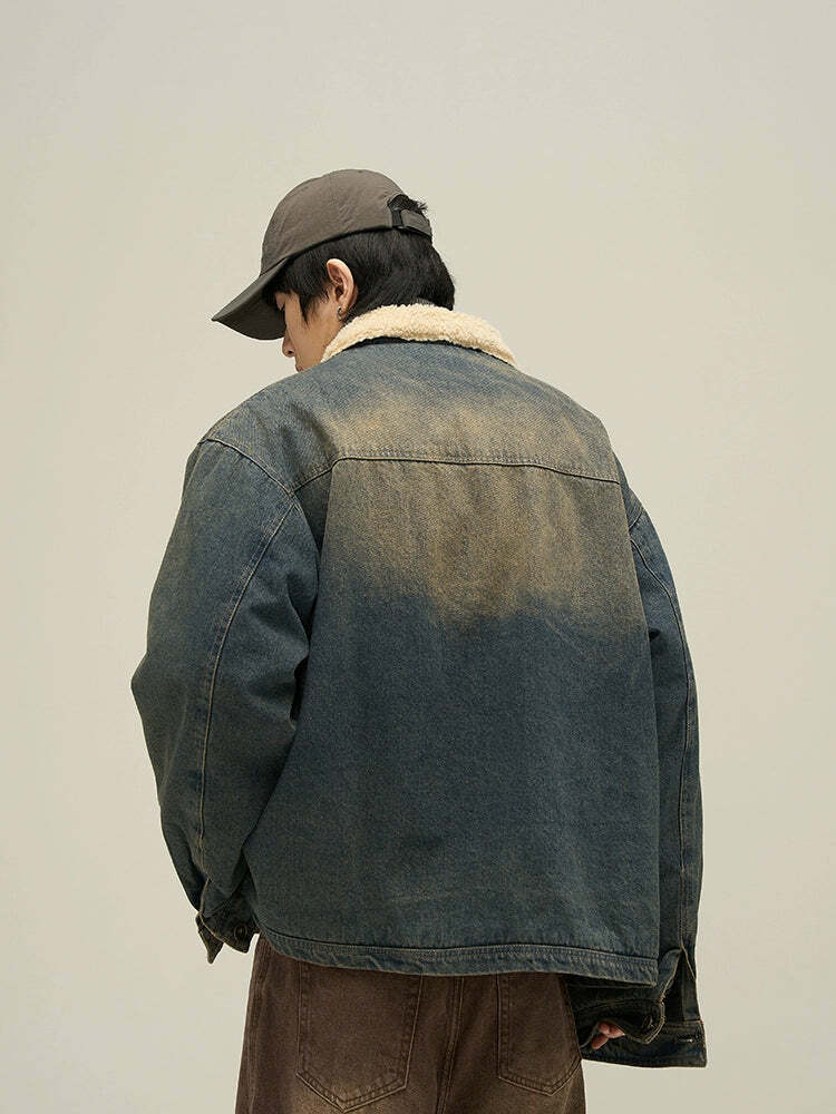 Y2K Grunge Faux Fur-Lined Faded Denim Jacket - Retro 90s Fashion, Summer & Party Outfits