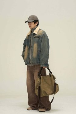 Y2K Grunge Faux Fur-Lined Faded Denim Jacket - Retro 90s Fashion, Summer & Party Outfits