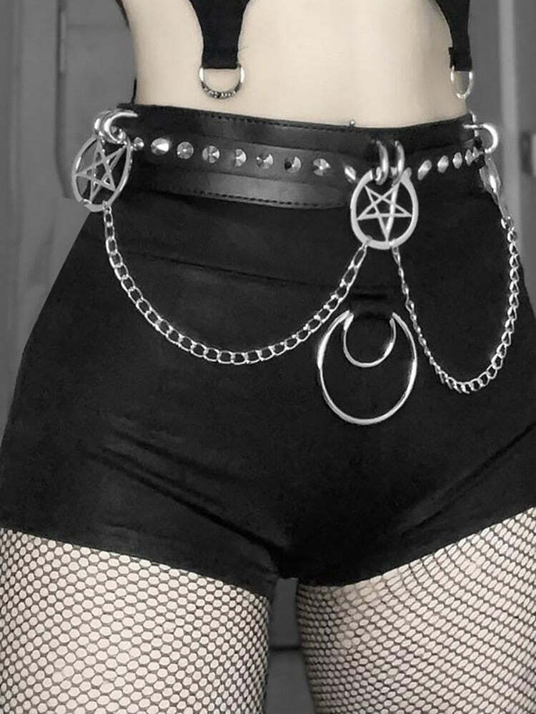 Y2K Grunge Faux Leather Chain Belt Shorts - 90s Goth Dark Summer Outfit