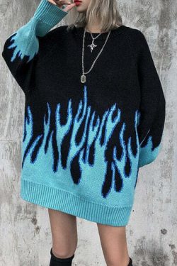 Y2K Grunge Flame Sweater - Black Blue Korean Streetwear, 90s Retro Fashion, Y2K Outfits