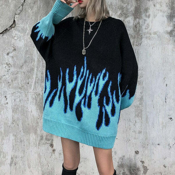 Y2K Grunge Flame Sweater - Black Blue Korean Streetwear, 90s Retro Fashion, Y2K Outfits