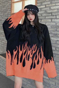 Y2K Grunge Flame Sweater - Black Orange Korean Streetwear, 90s Retro Fashion, Y2K Outfits