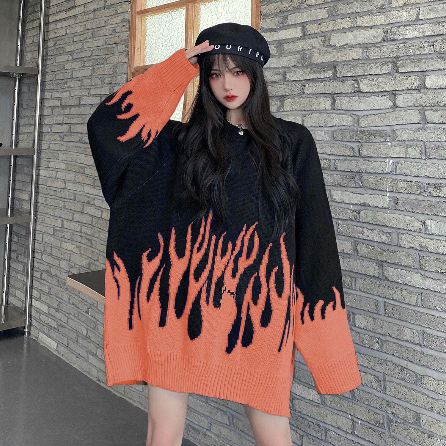 Y2K Grunge Flame Sweater - Black Orange Korean Streetwear, 90s Retro Fashion, Y2K Outfits