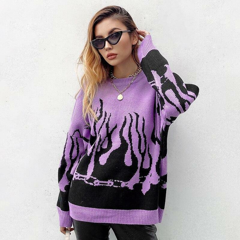 Y2K Grunge Flame Sweater - Retro 90s Fashion, Summer Y2K Outfits, Pastel Goth Style