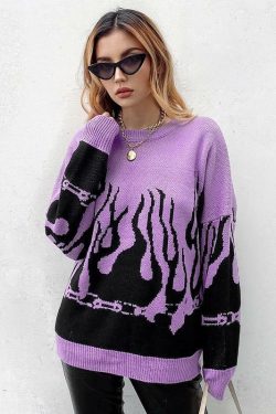 Y2K Grunge Flame Sweater - Retro 90s Fashion, Summer Y2K Outfits, Pastel Goth Style