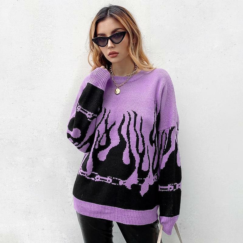 Y2K Grunge Flame Sweater - Retro 90s Fashion, Summer Y2K Outfits, Pastel Goth Style