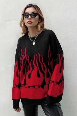 Y2K Grunge Flame Sweater - Retro 90s Fashion, Summer Y2K Outfits, Pastel Goth Style
