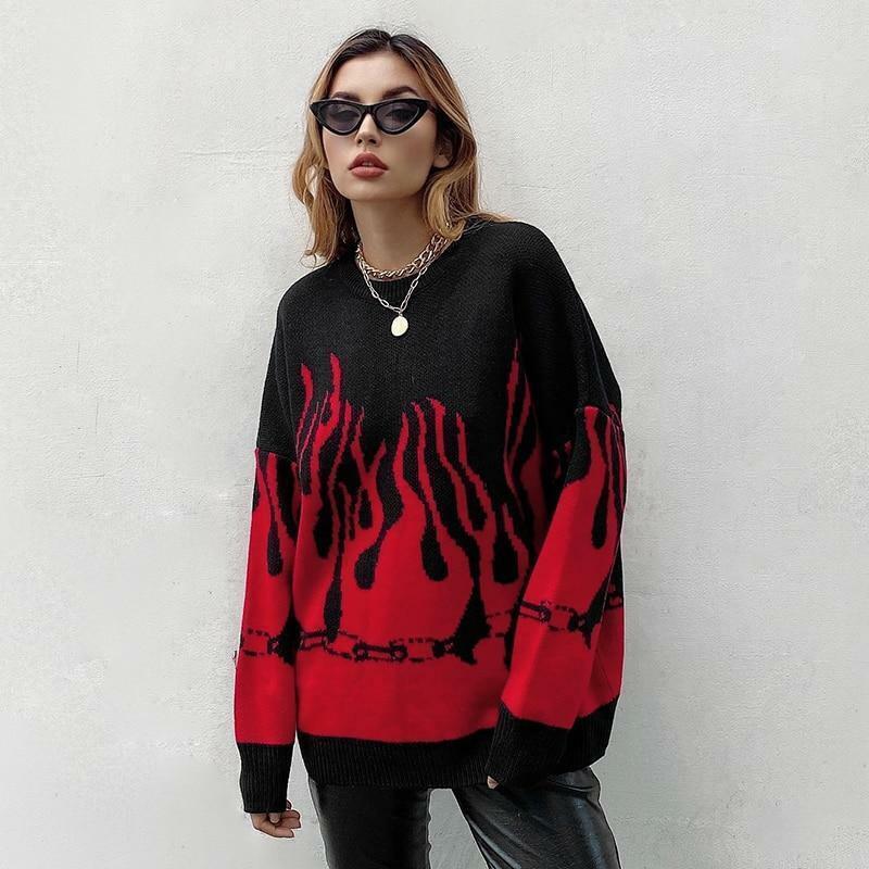 Y2K Grunge Flame Sweater - Retro 90s Fashion, Summer Y2K Outfits, Pastel Goth Style