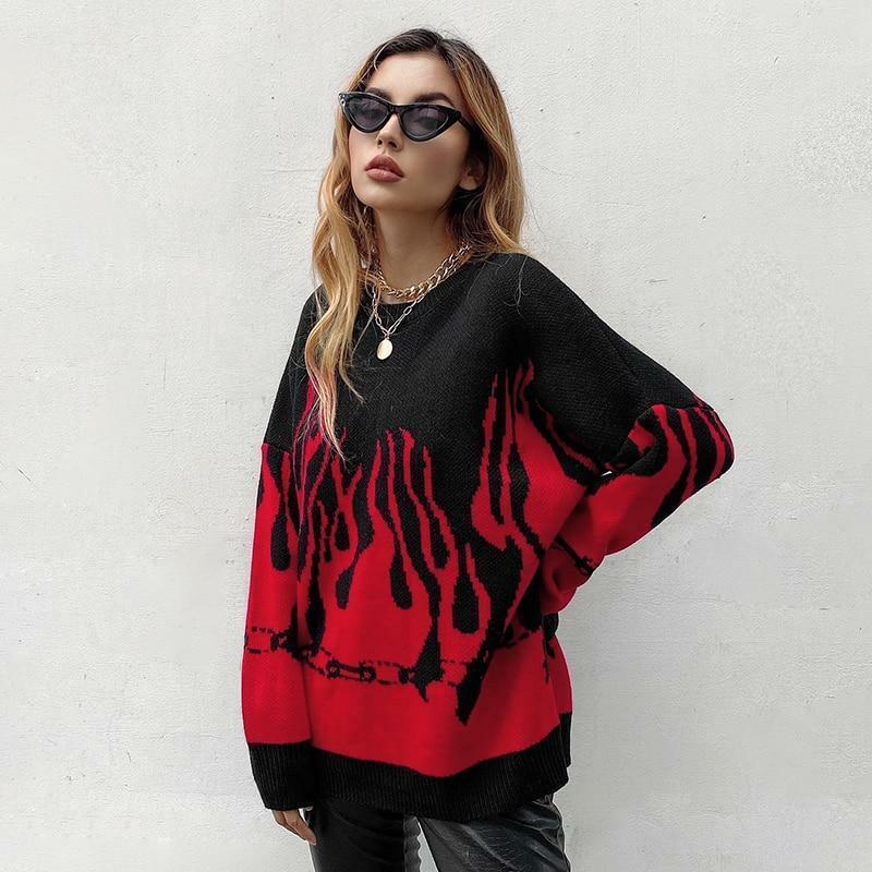 Y2K Grunge Flame Sweater - Retro 90s Fashion, Summer Y2K Outfits, Pastel Goth Style