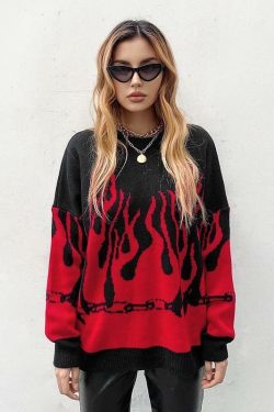 Y2K Grunge Flame Sweater - Retro 90s Fashion, Summer Y2K Outfits, Pastel Goth Style
