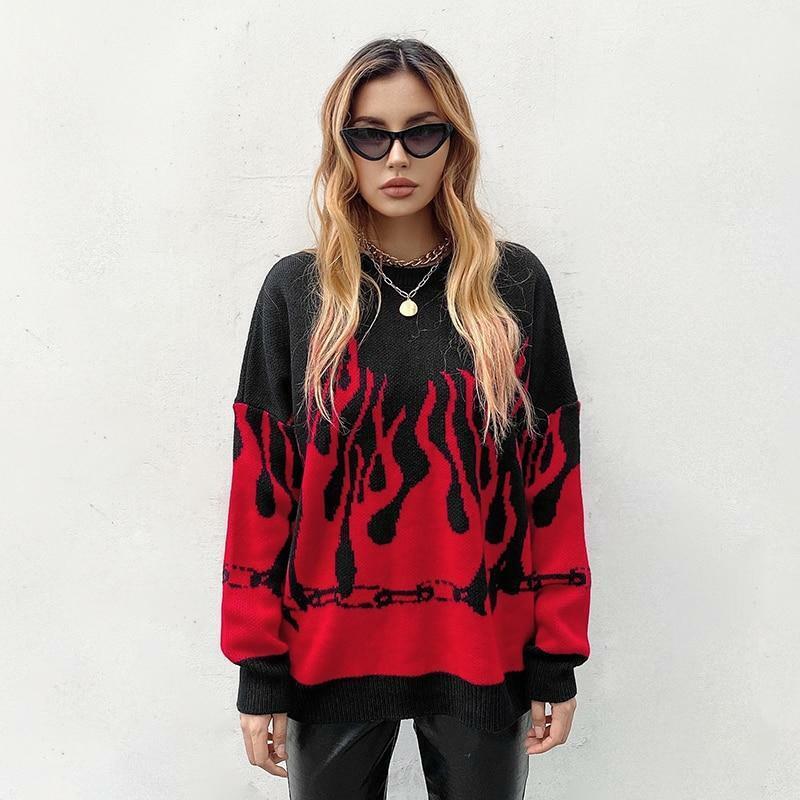 Y2K Grunge Flame Sweater - Retro 90s Fashion, Summer Y2K Outfits, Pastel Goth Style