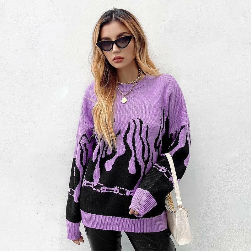 Y2K Grunge Flame Sweater - Retro 90s Fashion, Summer Y2K Outfits, Pastel Goth Style