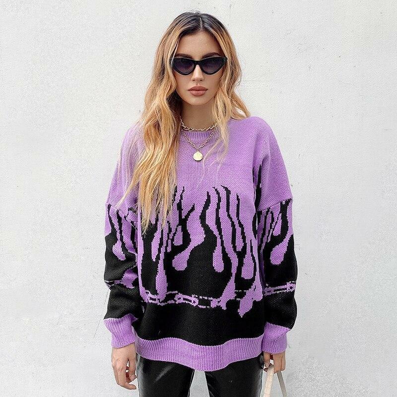 Y2K Grunge Flame Sweater - Retro 90s Fashion, Summer Y2K Outfits, Pastel Goth Style