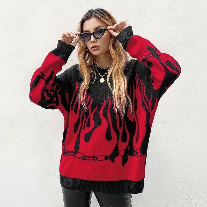 Y2K Grunge Flame Sweater - Retro 90s Fashion, Summer Y2K Outfits, Pastel Goth Style