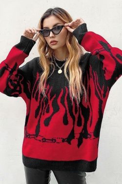 Y2K Grunge Flame Sweater - Retro 90s Fashion, Summer Y2K Outfits, Pastel Goth Style
