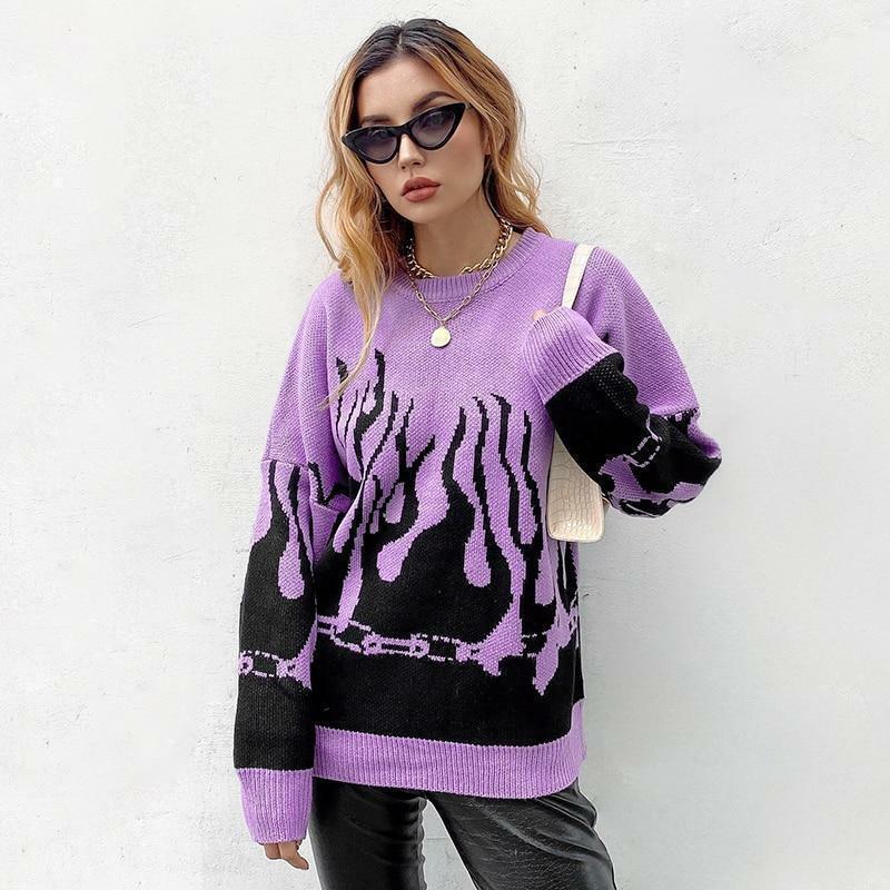 Y2K Grunge Flame Sweater - Retro 90s Fashion, Summer Y2K Outfits, Pastel Goth Style