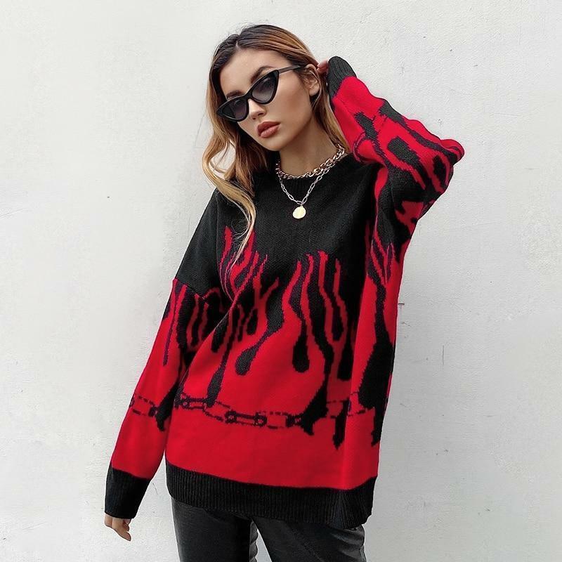 Y2K Grunge Flame Sweater - Retro 90s Fashion, Summer Y2K Outfits, Pastel Goth Style