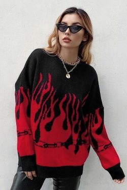 Y2K Grunge Flame Sweater - Retro 90s Fashion, Summer Y2K Outfits, Pastel Goth Style