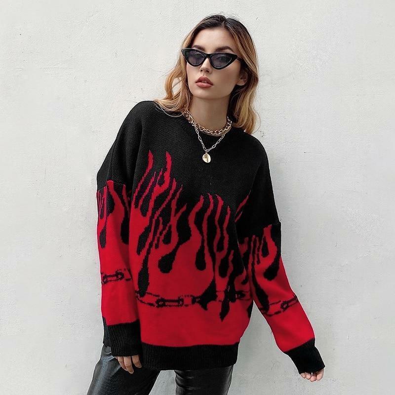 Y2K Grunge Flame Sweater - Retro 90s Fashion, Summer Y2K Outfits, Pastel Goth Style