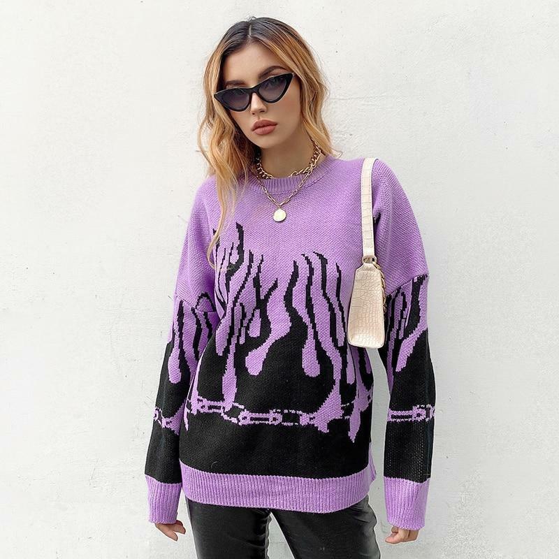 Y2K Grunge Flame Sweater - Retro 90s Fashion, Summer Y2K Outfits, Pastel Goth Style