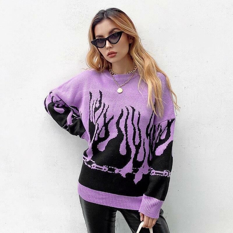 Y2K Grunge Flame Sweater - Retro 90s Fashion, Summer Y2K Outfits, Pastel Goth Style