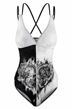 Y2K Grunge Flaming Skull Heart Push Up One Piece Swimsuit - Retro 90s Summer Beachwear