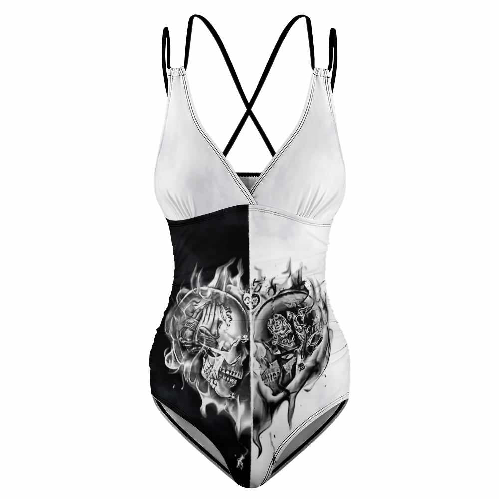 Y2K Grunge Flaming Skull Heart Push Up One Piece Swimsuit - Retro 90s Summer Beachwear