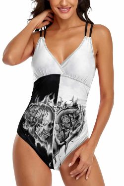Y2K Grunge Flaming Skull Heart Push Up One Piece Swimsuit - Retro 90s Summer Beachwear