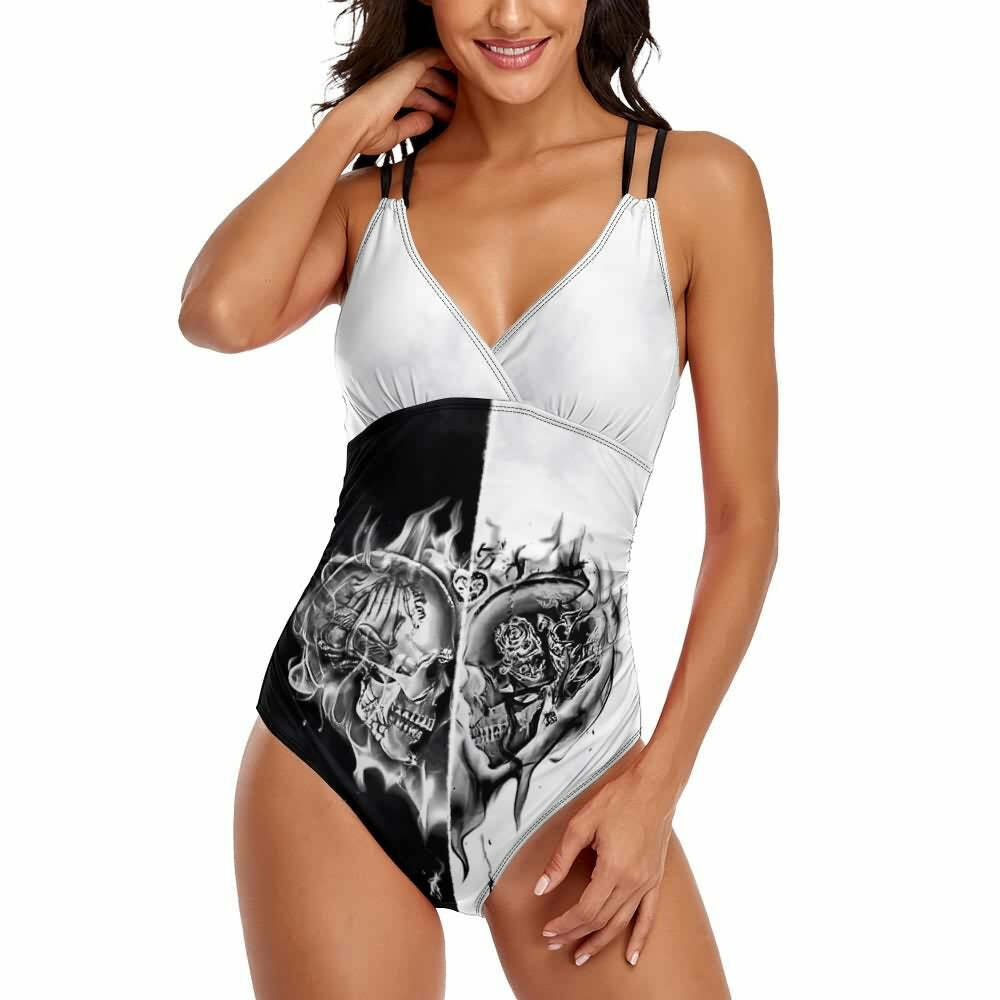 Y2K Grunge Flaming Skull Heart Push Up One Piece Swimsuit - Retro 90s Summer Beachwear