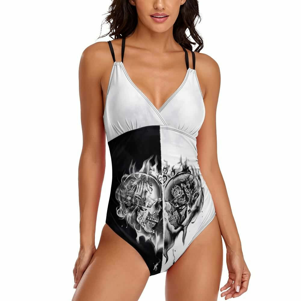 Y2K Grunge Flaming Skull Heart Push Up One Piece Swimsuit - Retro 90s Summer Beachwear