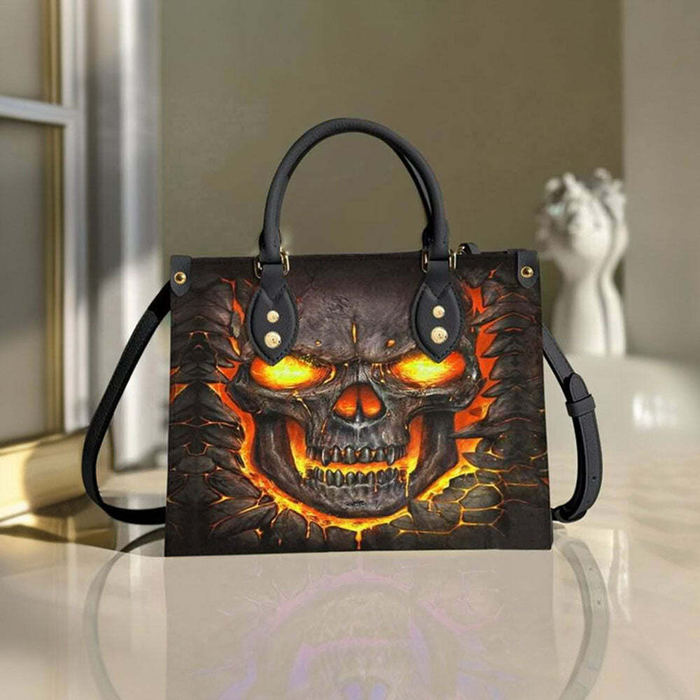 Y2K Grunge Flaming Skull Lava Leather Handbag - Retro 90s Goth Fashion Accessory