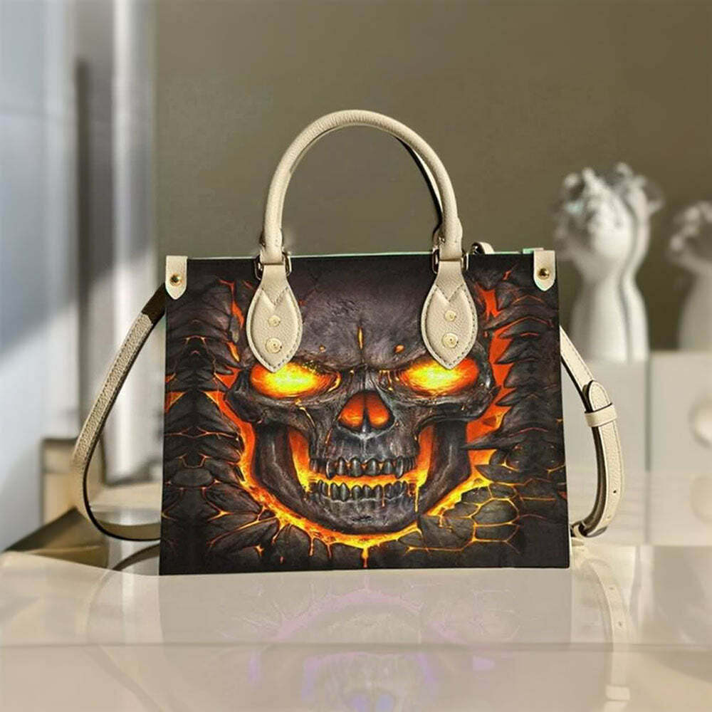 Y2K Grunge Flaming Skull Lava Leather Handbag - Retro 90s Goth Fashion Accessory