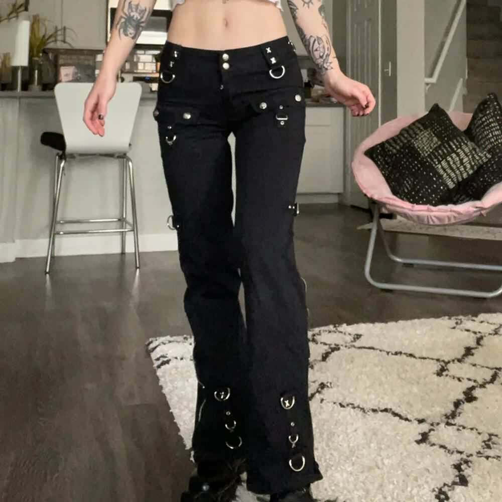 Y2K Grunge Flare Jeans - Retro 90s Fashion, Summer Y2K Outfits, Gothic Y2K Style