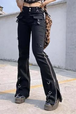 Y2K Grunge Flare Jeans - Retro 90s Fashion, Summer Y2K Outfits, Gothic Y2K Style