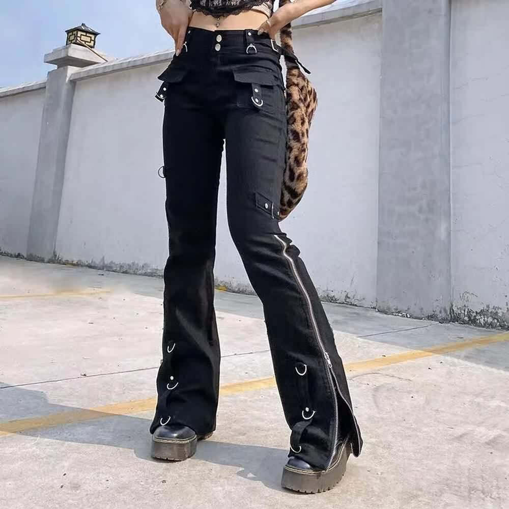 Y2K Grunge Flare Jeans - Retro 90s Fashion, Summer Y2K Outfits, Gothic Y2K Style
