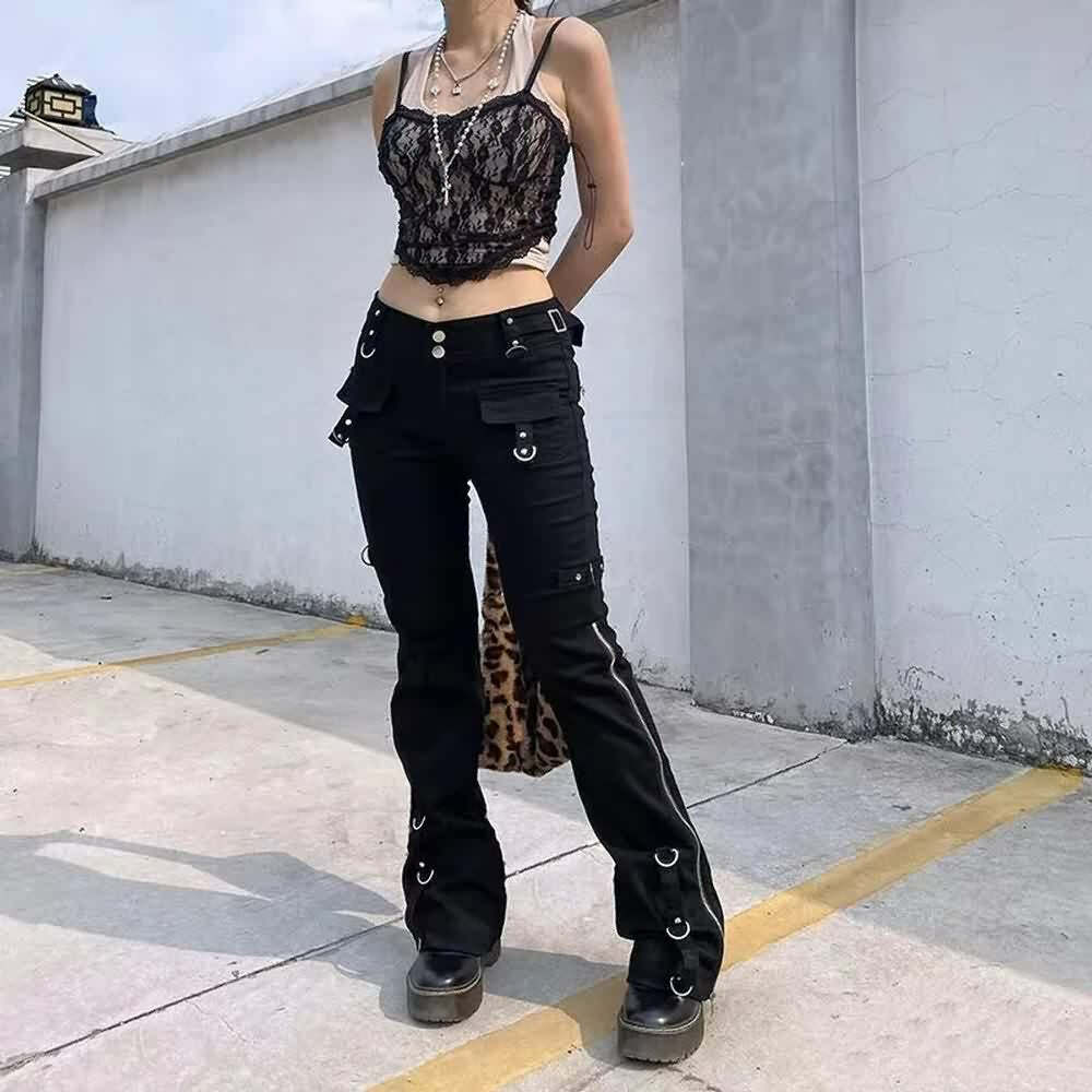 Y2K Grunge Flare Jeans - Retro 90s Fashion, Summer Y2K Outfits, Gothic Y2K Style