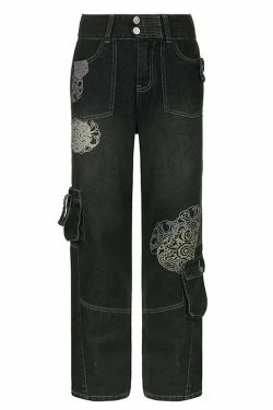 Y2K Grunge Floral Print Loose Denim Jeans - Retro 90s Summer Outfit, Y2K Fashion Essentials