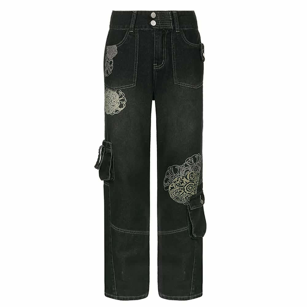 Y2K Grunge Floral Print Loose Denim Jeans - Retro 90s Summer Outfit, Y2K Fashion Essentials
