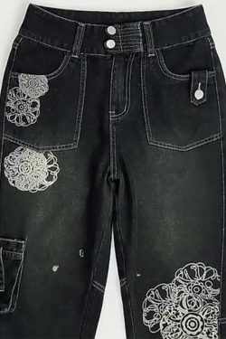 Y2K Grunge Floral Print Loose Denim Jeans - Retro 90s Summer Outfit, Y2K Fashion Essentials