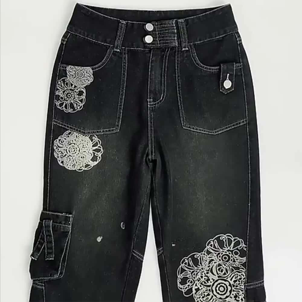 Y2K Grunge Floral Print Loose Denim Jeans - Retro 90s Summer Outfit, Y2K Fashion Essentials