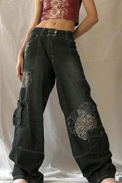 Y2K Grunge Floral Print Loose Denim Jeans - Retro 90s Summer Outfit, Y2K Fashion Essentials